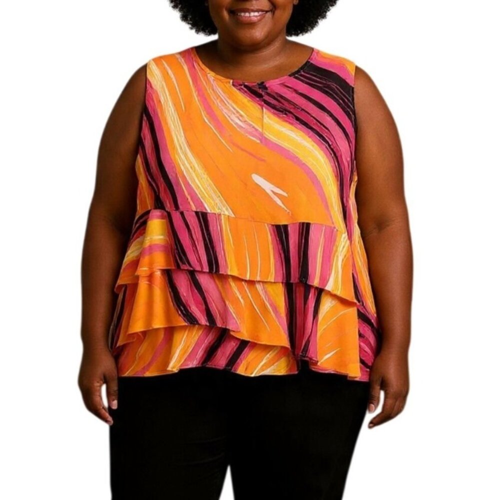 Ashley Stewart Plus Size 22/24 Top Multicolor Layered Ruffle Sleeveless Blouse